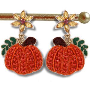 Feeling Fall Pumpkin Autumn Season Glass Beaded Artisan Made Drop Earrings